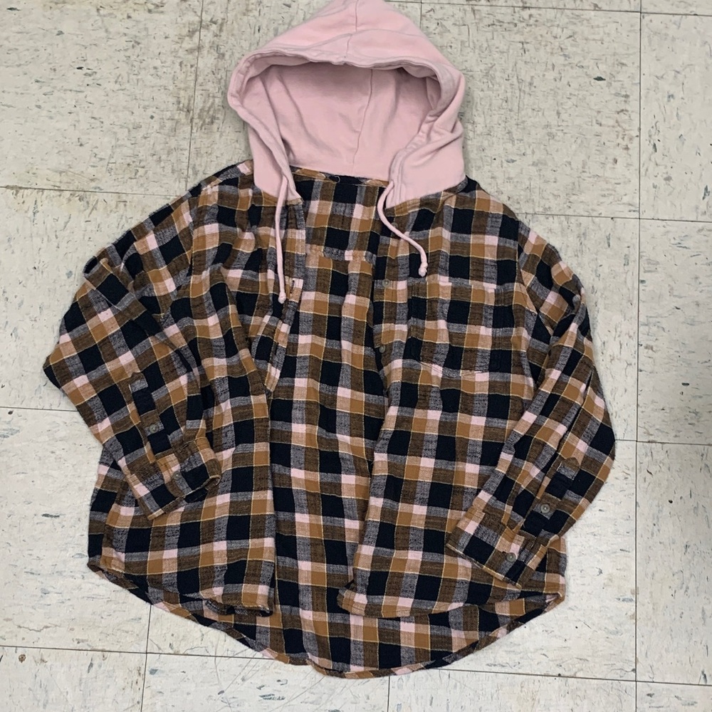 Plaid Flannel Hoodie with Pink Hood